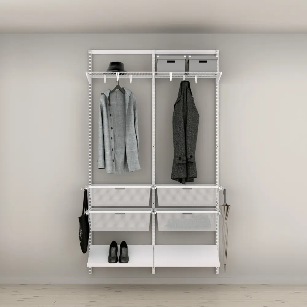 Hallway solution, with drawers, angled shelves and shelves W: 1253 mm