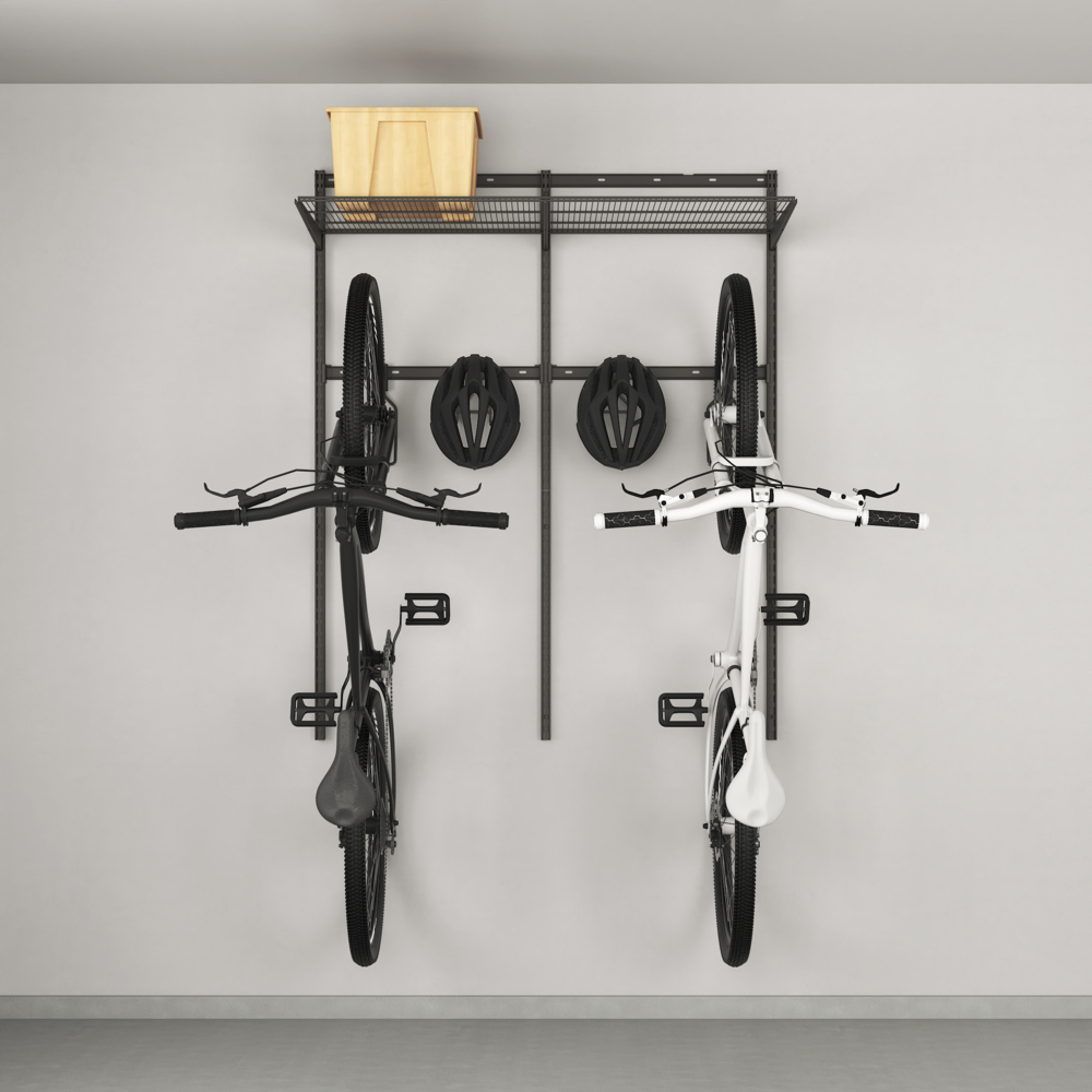 Bike storage solution, basic with hooks and shelves, Garage+ W: 120, Matte grey