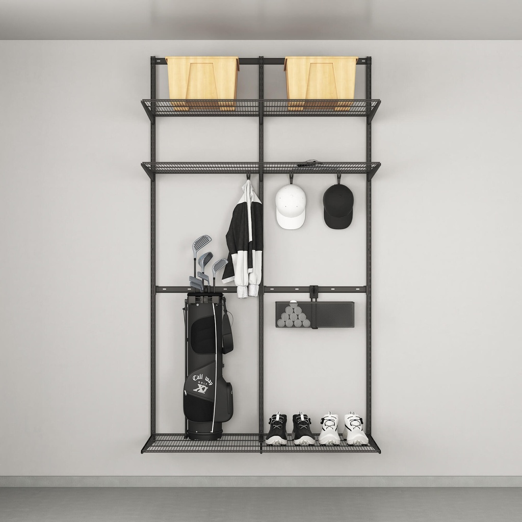 Golf storage solution with hooks and shelves, Garage+ W: 120, Matte grey