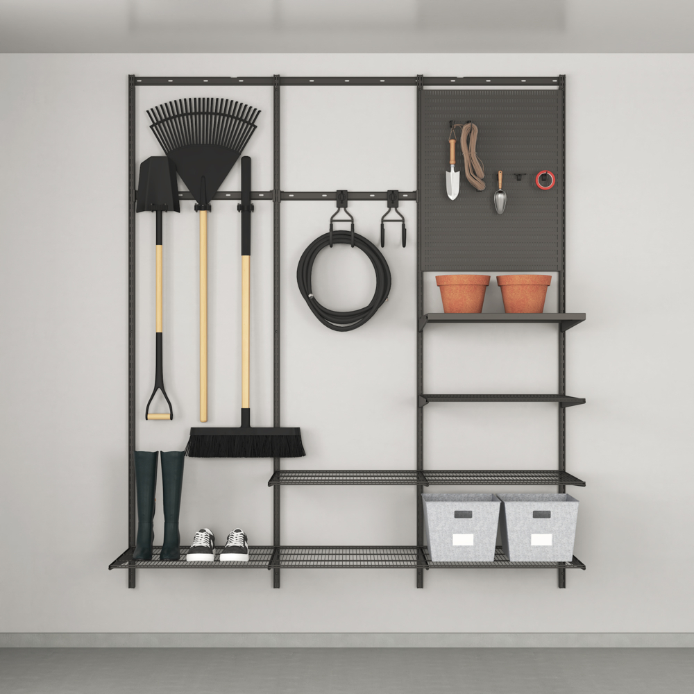 Garden storage solution with board, hooks and shelves, Garage+ W: 180, Matte grey
