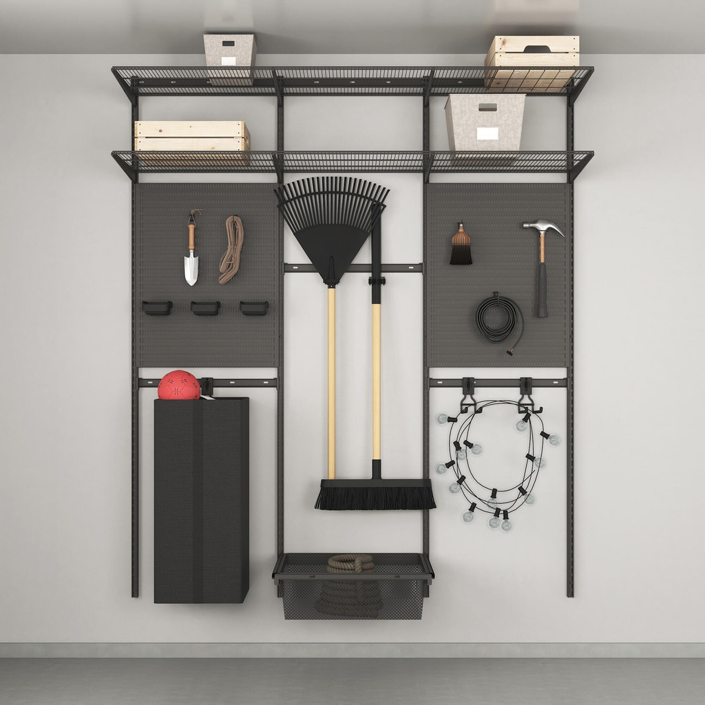 Garden storage solution, premium with boards, hooks and shelves, Garage+ W: 180, Matte grey