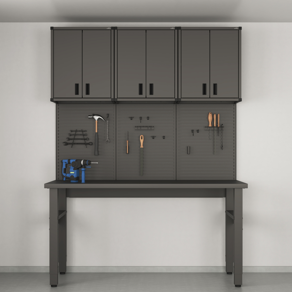 Tool storage solution with cabinets, boards and workbench, Garage+ W: 180, Matte grey