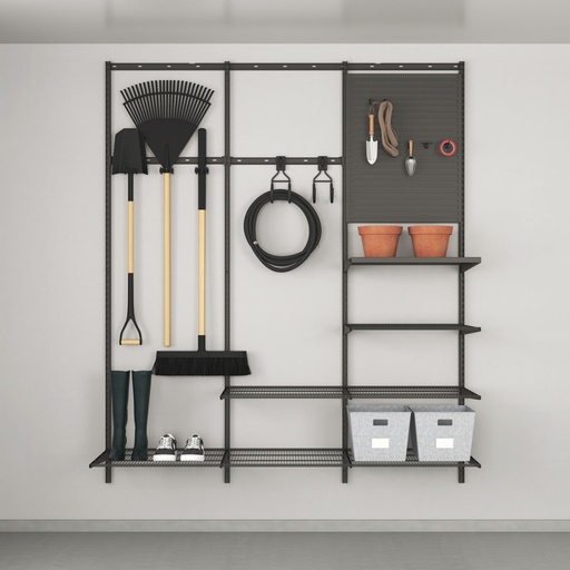 Garden storage solution with board, hooks and shelves, Garage+ W: 180, Matte grey