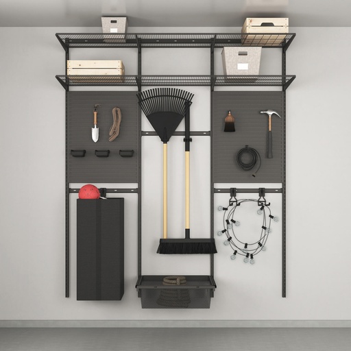 Garden storage solution, premium with boards, hooks and shelves, Garage+ W: 180, Matte grey