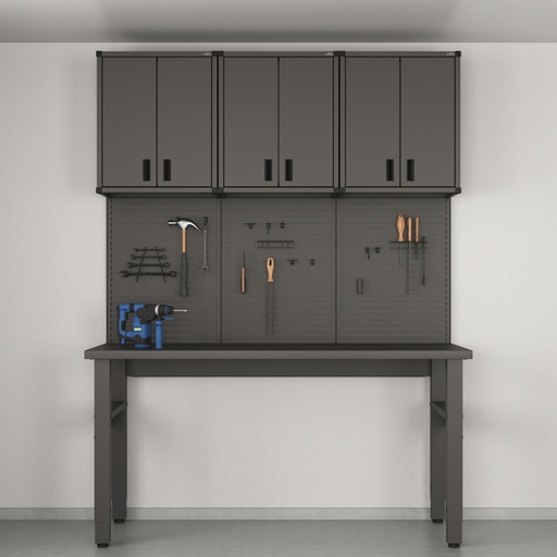 Tool storage solution with cabinets, boards and workbench, Garage+ W: 180, Matte grey