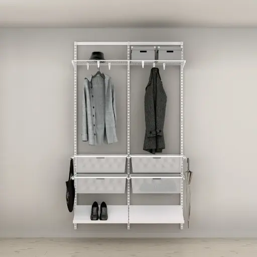 Hallway solution, with drawers, angled shelves and shelves W: 1253 mm